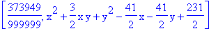 [373949/999999, x^2+3/2*x*y+y^2-41/2*x-41/2*y+231/2]